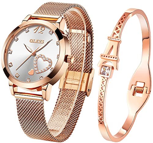 OLEVS Womens Watch Gift Set with Bracelet Rose Gold Minimalist Slim Casual Dress Analog Quartz Wrist Watches for Lady Female Waterproof Luminous Silver Dial Two Tone