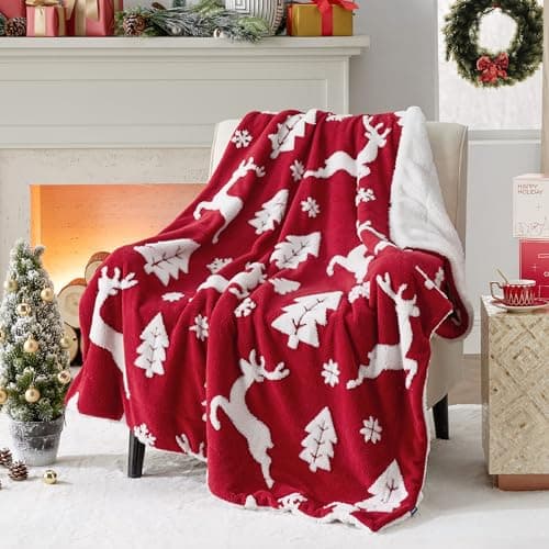 Bedsure Christmas Throw Blanket for Couch - Christmas Decorations Gifts for Women, Warm Sherpa Deer Throw Blanket, Red 50"x60" — image 1