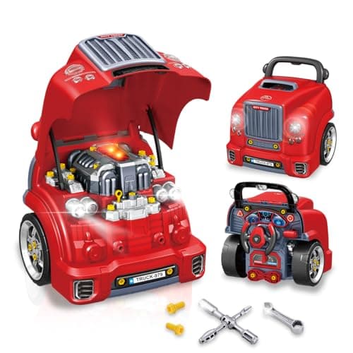 Playbees Red Truck Engine Repair Toy – Kids Mechanic Repair Set with Tools, Lights & Sounds – Interactive Take-Apart Engine Builder Truck, Great