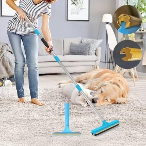 YULOOSI Upgraded Carpet Rake for Pet Hair Removal,2PCS Reusable Pet Hair Remover with 56” Adjustable Long Handle, 3 in 1 Rubber Broom and Carpet Brush Scraper for Rugs, Mats, Couch, Furniture