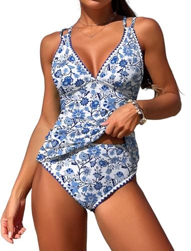 Jillumi Womens V Neck Tankini Swimsuits Push Up Ruched Color Block Swim Top High Waisted Tummy Control Bathing Suits — image 1