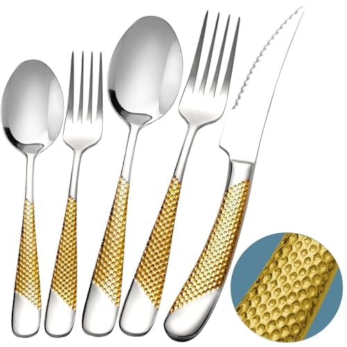 Runfly 20 Piece Hammered Gold Silver Silverware Set, 18/10 Stainless Steel Flatware Set, Modern Kitchen Utensil Set Service for 4, Tableware Set, Cutlery Set Including Fork Spoon and Knife — image 1