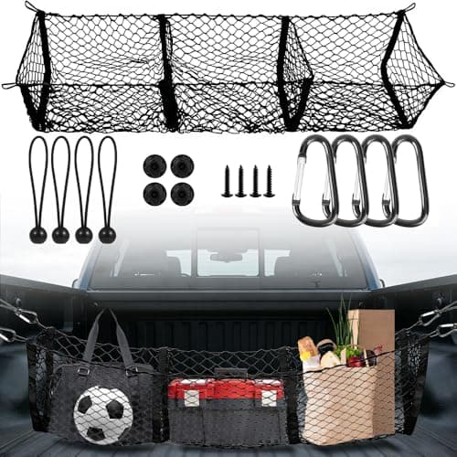 3 Pocket Truck Bed Cargo Net, Heavy Duty Truck Bed Storage Organizer with Super-Stretch Elastic,Universal Cargo Netting for Pickup Trucks SUV RV – Fits Ford F-150 Toyota Tacoma Chevrolet Silverado — image 1