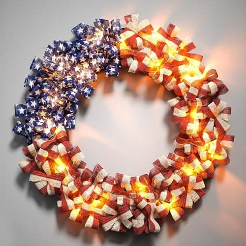 Patriotic Wreath 18 Inch American Flag Wreath for Front Door, Burlap Red White and Blue Decor with Stars Stripes and Timer-Equipped Light Strip for 4th of July Memorial Day Veterans Day — image 1