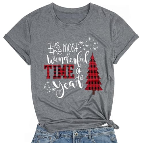 DESFSE Merry Christmas Shirts for Women Christmas Short Sleeve Tshirt Xmas Buffalo Plaid Tree Cute Graphic Print Tee Tops — image 1
