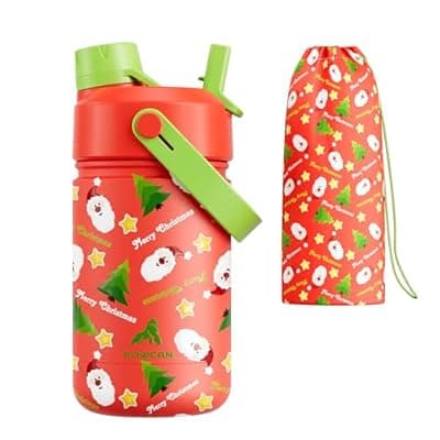 12 oz Kids Christmas Insulated Water Bottle: 2-in-1 Straw Spout Lid, Leakproof, BPA-Free, Keep Cold 24H, Stainless Steel Cup with Carrier Bag for Party, Travel, Holiday Gift (Santa's Jolly Wishes)