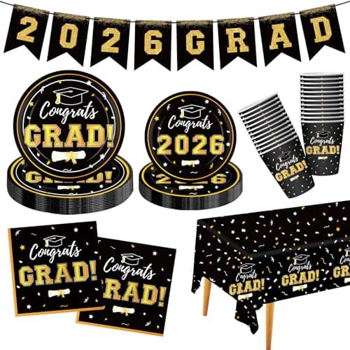 Graduation Decorations 2026 Disposable Black Graduation Tableware Kit for 25 Guests Plates Napkins Cups Tablecloth Hanging Graduation Party Decorations 2026 — image 1
