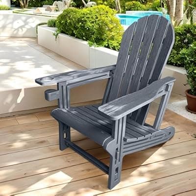 Adirondack Chair with Cup Holder,Tool-Free Assembly,No Screws Needed,All-Weather HDPE Plastic Outdoor Patio Chair,Wood-Grain Slatted Look,Easy to Take Apart for Storage,Fire Pit Chairs(Stone Grey)