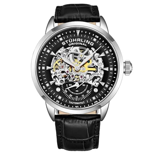 Stuhrling Original Mens Watch-Automatic Skeleton Dial - Black Leather Watch Strap Mechanical Watch Silver Executive (Black)