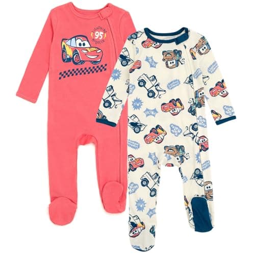 DisneyCars Lightning McQueen Tow Mater Newborn Baby Boys 2 Pack Zip Up Sleep N' Plays Cars/Red White 3-6 Months