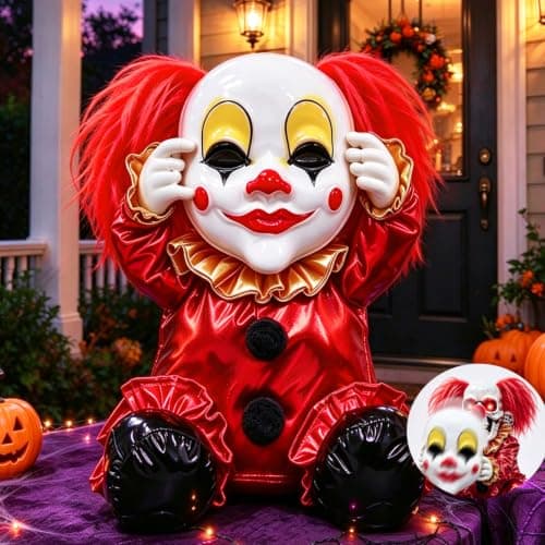 Scary Halloween Animatronics Clown Decoration for Haunted House Party Decor | Spooky Sound & Touch Activated Skull Face Ripping Clown Prop with Red LED Eyes, Indoor Outdoor Yard Holiday Porch Party Favor — image 1