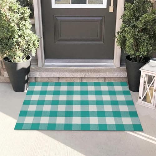 LYGLIGH Buffalo Plaid Rug, Green and White Outdoor Rug, 23.6"x51" Checked Rugs Washable, Cotton Front Door Mat Indoor, Low Pile, Fade Resistant, Pet-Friendly Area Rug for Kitchen, Farmhouse, Entryway — image 1
