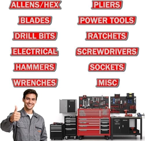 Magnetic Tool Box Organization Labels, 12 Pack Reusable Steel Cabinet Labels for Workshop Storage, Toolbox Drawer with Strong Magnet Backing (Red) — image 1
