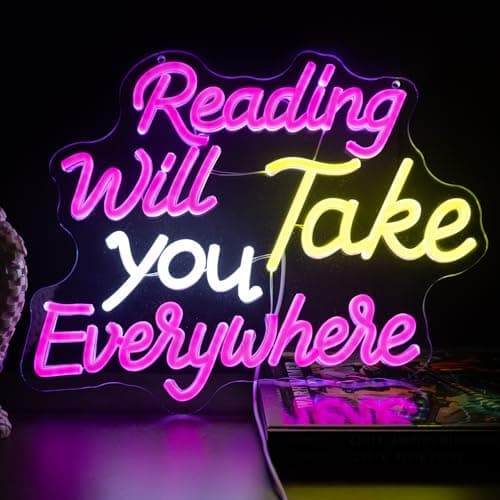 KATMBFUE Reading Will Take You Everywhere Neon Signs, Neon Sign with Switch for Wall Decor, USB Dimmable Neon Lights Colorful LED Signs for Home Club Party Christmas Decoration 14.17 x 12.2" — image 1