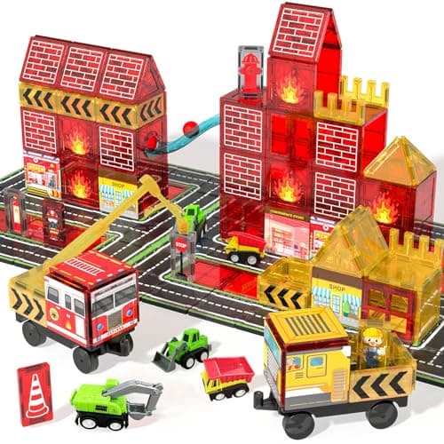 Magnetic Tiles for Kid, 56PCS Construction Magnet Tiles with Fire Truck & Station, Building, Road, Crane, and Car Truck - STEM Magnetic Blocks for Kids Ages 4-8, Toys for 4+ Year Old Boys Gifts