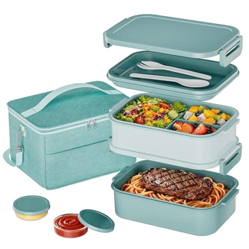 DaCool Adults Lunchbox Bento Box with Lunch Bag- 74 OZ All-in-One Stackable Lunch Box for Adults Kids Leakproof Bento Large Lunch Box Containers with Fork Spoon Sauce Box for Work School (Green) — image 1