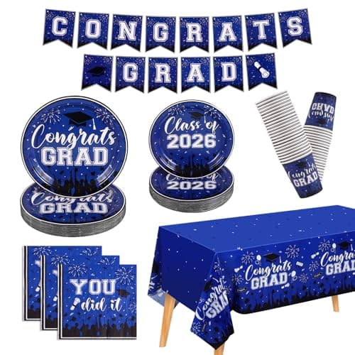 NatNarr Graduation Decorations 2026, Blue Graduation Party Supplies Include Class Of 2026 Grad Plates Napkins Cups Tablecloth Congrats Grad Banner for Middle College High School, Serve 25 Guest — image 1