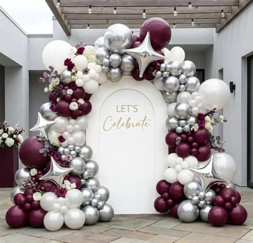 Double Stuffed Burgundy & Pearl White Balloon Arch Garland Kit, Dark Plum Purple Balloons with Silver Foil Stars for Mother's Day,Graduation,Wedding,Bridal,Baby Shower,Birthday Party — image 1