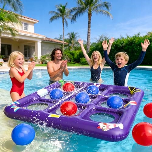 EPN Tic-Tac-Toe Pool Game Toys, Upgraded Floating Tic Tac Toe Game with Sprinkler & 10 Balls, Thickened PVC Pool Party Toy Floats Yard Field Day Games Outdoor Beach Toys for Adults Teens Kids, Purple