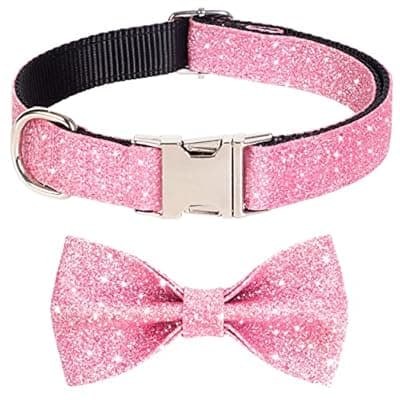 Jumpress Bling Dog Bow Tie Collar for Puppy Small Medium Dogs, Cute Pink Girl Dog Collar with Bow for Daily Walking or Holiday Party (Neck fit 11-16’’)