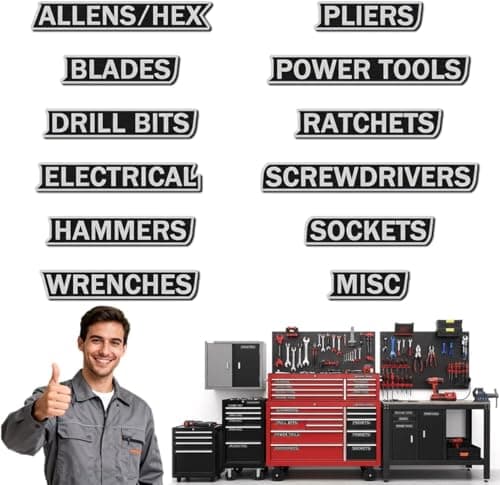 Magnetic Tool Box Organization Labels, 12 Pack Reusable Steel Cabinet Labels for Workshop Storage, Toolbox Drawer with Strong Magnet Backing (Black) — image 1