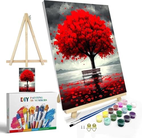 igoodom Framed Paint by Numbers Kit for Adults Beginner, Red Trees Easy Paint by Number Kits on Canvas with Easel, DIY Adults' Paint-by-Number Kits for Gift Home Wall Decor 8x12inch — image 1