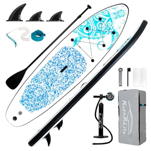 FEATH-R-LITE Inflatable Stand Up Paddle Board 10'6''x33''x6'' Ultra-Light (18.9lbs) SUP with Paddleboard Accessories,Fins,Adjustable Paddle, Pump,Backpack, Leash, Waterproof Phone Bag