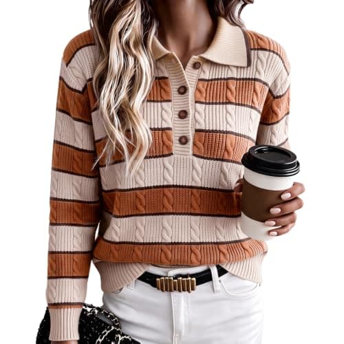 Fisoew Womens Cable Knit Sweaters Casual Polo V Neck Striped Pullover Tops — image 1