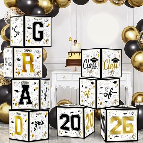 OHOME 8 Pack Graduation Decorations 2026 - Black Gold Balloon Boxes for Class of 2026 Party Favors Supplies - Graduation Party Decorations 2026 Yard Signs Banner Backdrop Decor (Black) — image 1