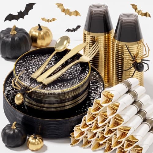 Hioasis 175 Pcs Black Gold Plastic Plates for Wedding | Black Plastic Dinnerware Set Includes 25 Dinner Plate, 25 Dessert Plate, 25 Cups, 25 Napkins — image 1