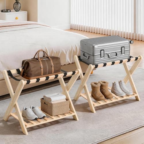 Luggage Rack Set of 2, Sturdy Wooden Luggage Rack for Guest Room, Folding Suitcase Stand with Storage Shelf, Luggage Stand with 6 Nylon Straps for Bedroom, Hotel — image 1