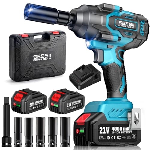 Seesii 1000N.m (738ft-lbs) Cordless Impact Wrench High Torque,1/2" Brushless Impact Gun w/Two 4.0Ah Battery,Fast Charger, 5 Sockets & Storage Case, Electric Impact Wrench for Car Truck,WH760