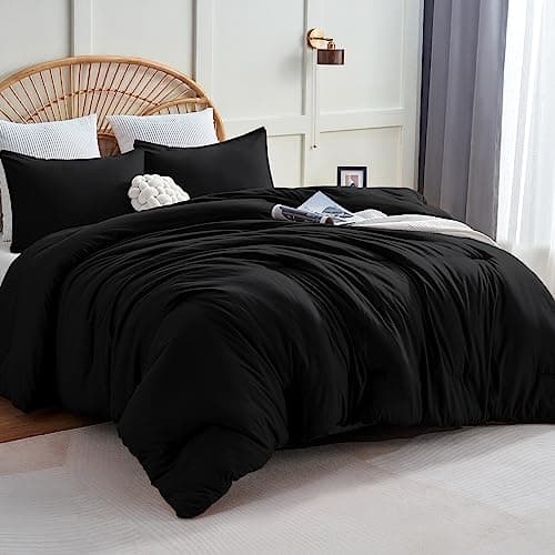 CozyLux Queen Comforter Set Black, 3 Pieces Solid Comforters Queen Size Breathable Quilted Bedding Sets, Luxury Soft Microfiber Down Alternative Comforter for All Season (1 Comforter & 2 Pillowcases) — image 1