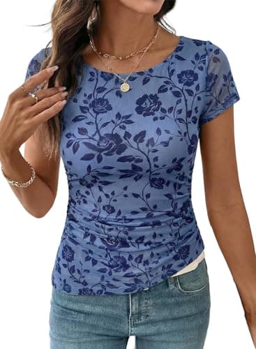 SHEWIN Shirts for Women Crew Neck Floral Short Sleeve Blouses Floral Mesh Top Summer Tops for Women 2026 — image 1