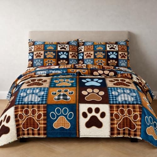 WHWODIDE Patchwork Quilt Set King Size, Blue Brown Dog Paw Bedspread, Soft Lightweight Microfiber Bedding Set, Farmhouse Rustic Coverlet, All Season 3 Piece (Dog Paw, King)