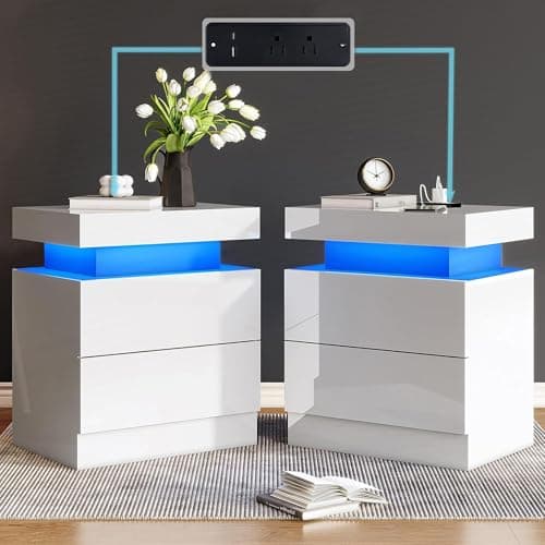 AMERLIFE High Gloss End Table Set of 2 with Charging Station, Modern Bedside Table Night Stand with Lights, LED Nightstand with Drawers for Bedroom Living Room, White — image 1
