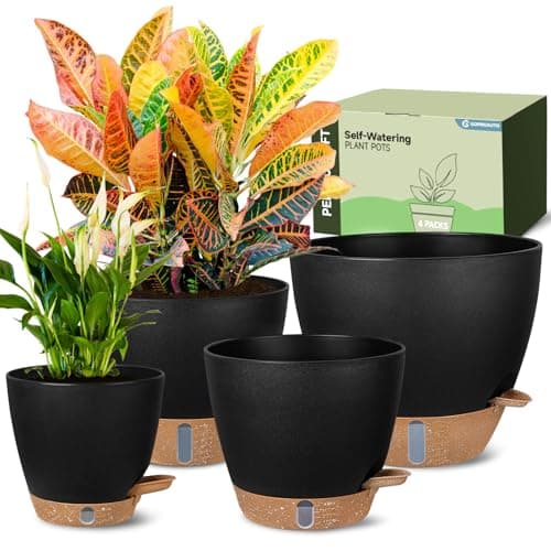 Goproauto Self-Watering Pots for Indoor Plants 4 Pack, 6/8/10/12 Inch Outdoor Planters with Water Level Indicator & Deep Reservoir, Decorative Flower Pots for Home Decor (Black, 12+10+8+6 Inch) — image 1