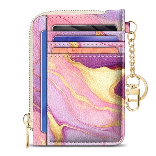 GIANCOMICS Slim Wallet Credit Card Holder Women, Pink Marble Rfid Blocking Small Card Case, Keychain Thin Pocket Curved Zipper Wallet, Travel Card Holder PU Leather ID Window, Ladies Female Gifts — image 1