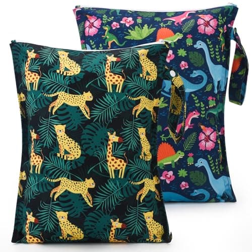 eaxin 2pcs Cloth Diaper Mess-proof Wet Bags,Waterproof Reusabel Travel Storage Stroller Daycare Soiled Baby Items Beach Pool Yoga Gym Bag for Wet Toddler Swimsuits-Leopard,Dinosaur — image 1