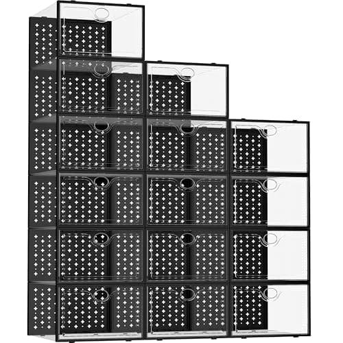 Pinkpum 15 Pack X-Large Shoe Storage Boxes Fit Size 11, Shoe Organizer for Closet Clear Plastic Stackable Shoe Dispaly Case Bins Holder, Sneaker Storage for Sneakerheads Black — image 1