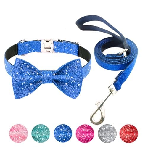 Jumpress Bling Bow Tie Dog Collar and Leash Set, Cute Blue Boy Dog Collar with Bow and 5ft Leash for Medium Dogs Daily Walking or Holiday Party (Neck fit 13-19’’) — image 1