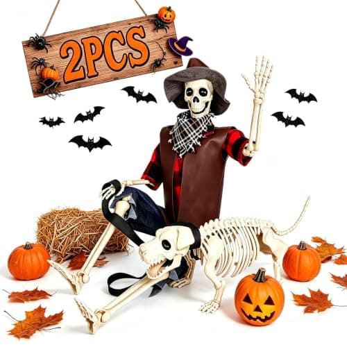 Skeleton for Halloween Decoration Outdoor, Halloween Decor for Yard Porch | Outside Halloween Skeleton Decoration for Yard Patio Lawn Garden, 3FT Realistic Full Body Posable Cowboy Skeleton with Dog — image 1