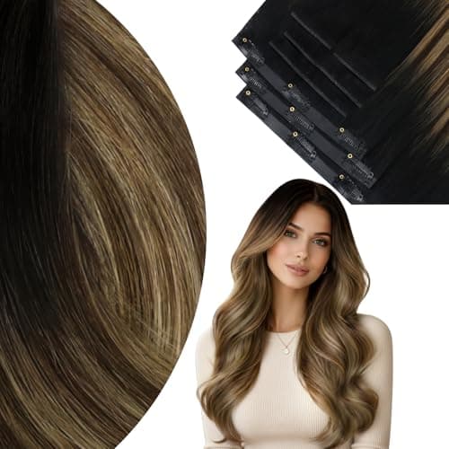 Ve Sunny Genius Clip in Hair Extensions Real Human Hair Natural Black Ombre Dark Brown Mix Caramel Blonde Balayage Hair Extensions Clip in Seamless Remy Human Hair Straight 16 inch 120g — image 1