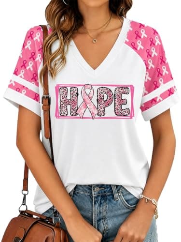 Eatbook Breast Cancer Shirts for Women Pink Ribbon Graphic V Neck Tee Tops — image 1
