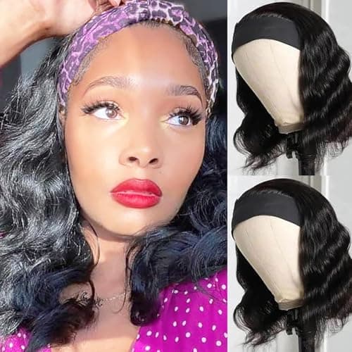 JCL Headband Wig Human Hair Body Wave Headband Wigs Human Hair Wig 14 Inch Human Hair Curly Wigs for Black Women Natural Color None Lace Front Wigs — image 1