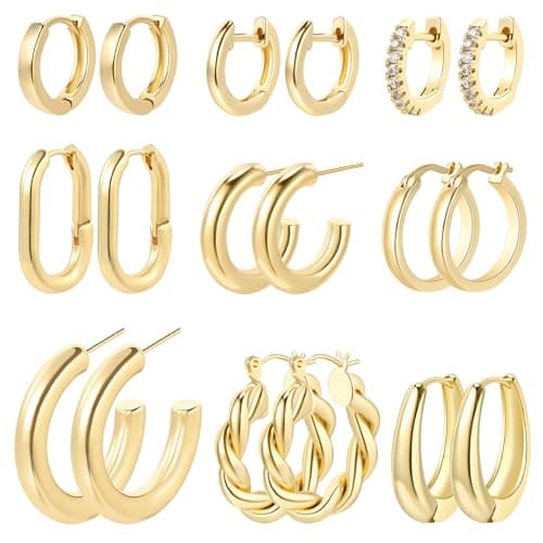 9 Pairs 14K Gold Plated Hoop Earrings for Women | Hypoallergenic Chunky Huggie Gold Earrings Set | Lightweight Small Thick Open Hoops Earrings Jewelry Pack — image 1