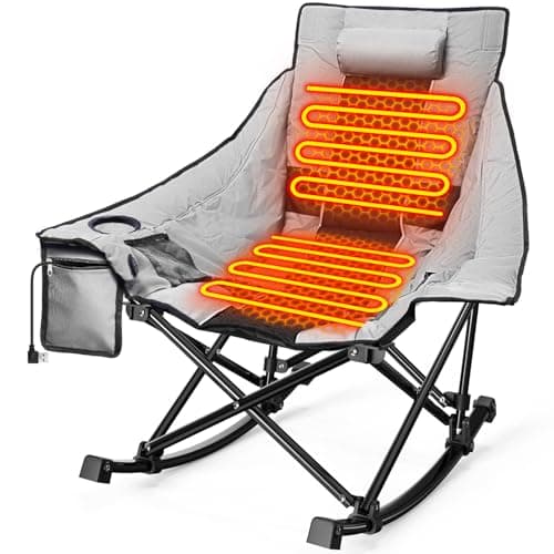 Slendor Heated Camping Chair, Oversized Heated Rocking Chair with Padded Pillow, 3 Adjustable Heat Settings Portable Folding Chair for Outdoor & Indoor Use, Gray, NO Power Bank