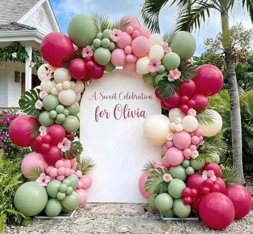 Hot Pink and Sage Green Balloon Garland Arch Kit, Double Stuffed Dusty Green Magenta & Ivory Balloon Decorations for Baby Shower, Garden Bridal Wedding, Tropical Birthday, Boho Tea Party — image 1