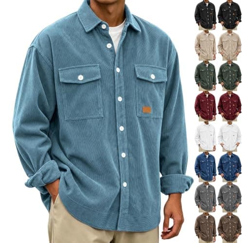 Button Down Corduroy Shirt Men Winter Jacket with Pockets — image 1