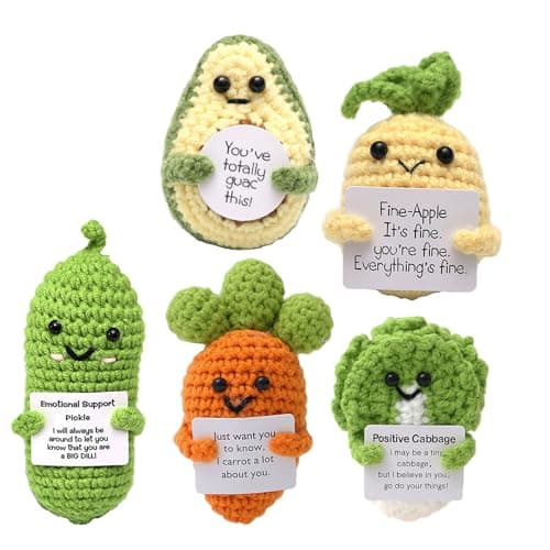 Fumonebuty 5PCS Handmade Emotional Support Crochet Gift ,Encouragement Support Vegetables and Fruits Knitted Dolls with Positive Card Cute Positive Crochet Animals Cheer Up Gift for Friends — image 1